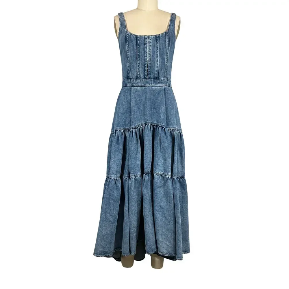 Alice + Olivia Denim Liana Vintage Blue Diana Midi Dress Size 4 - Picture 2 of 6